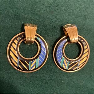 Vintage Enameled Michaela Frey Earrings Pierced Clip Gold Tone Metal